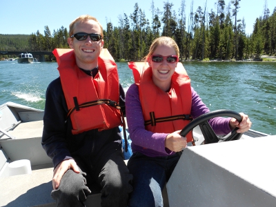 Nathan and his wife, Amy, boating in Yellowstone